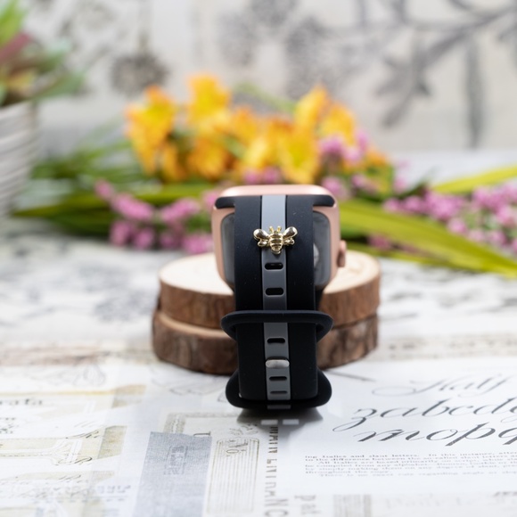 Apple Watch Band, Black and Gray Stripes Silicone Strap w/ Bee Stud 38/40mm - Picture 5 of 6